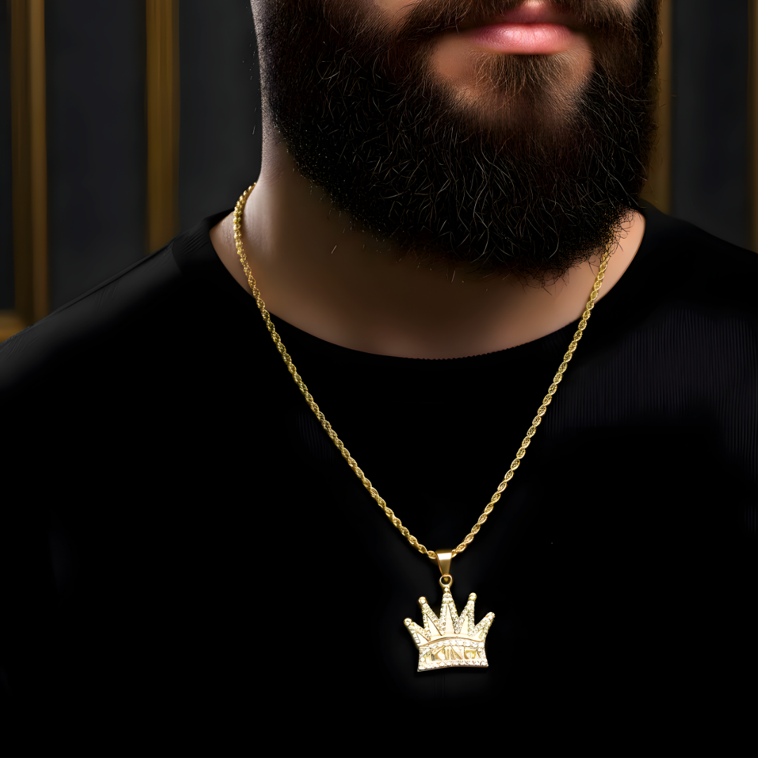 18K Gold Filled Iced Out "KING" Crown Pendant Necklace – Pavé CZ Royal Crown Rope Chain Necklace for Men & Women